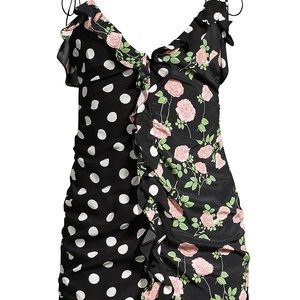 Mochi Shirred Polka Dot & Floral Mini Dress